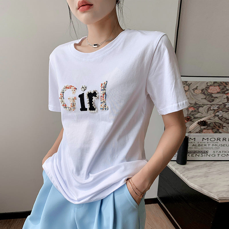 Printed T-shirt Korean Style Versatile Half Sleeve Top - Nyaabs