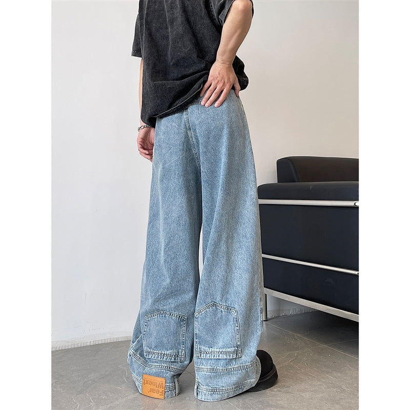 Retro Reverse Pocket Flip-down Jeans Men's Washed Wide-leg Pants - Nyaabs