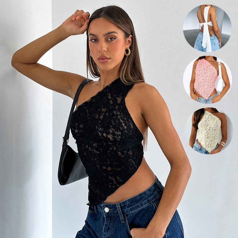 Ins Lace Backless Top Summer Solid Color Waistless Asymmetrical Sloped Neck Vest Streetwear Womens Clothes - Nyaabs