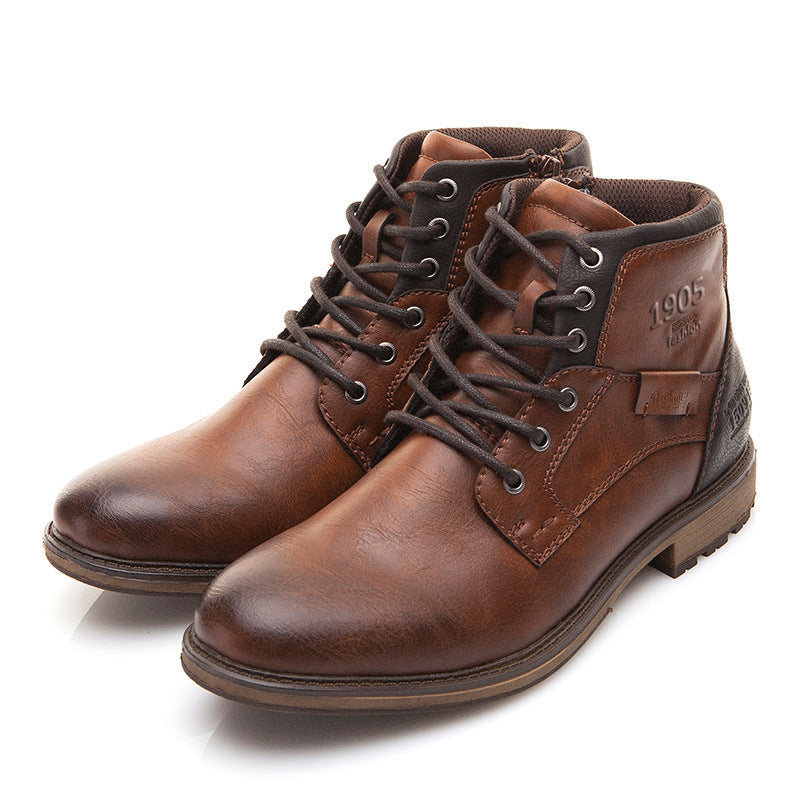 Soldier Boots Men's Leather Shoes Martin Retro High-Top Shoes With Laces - Nyaabs