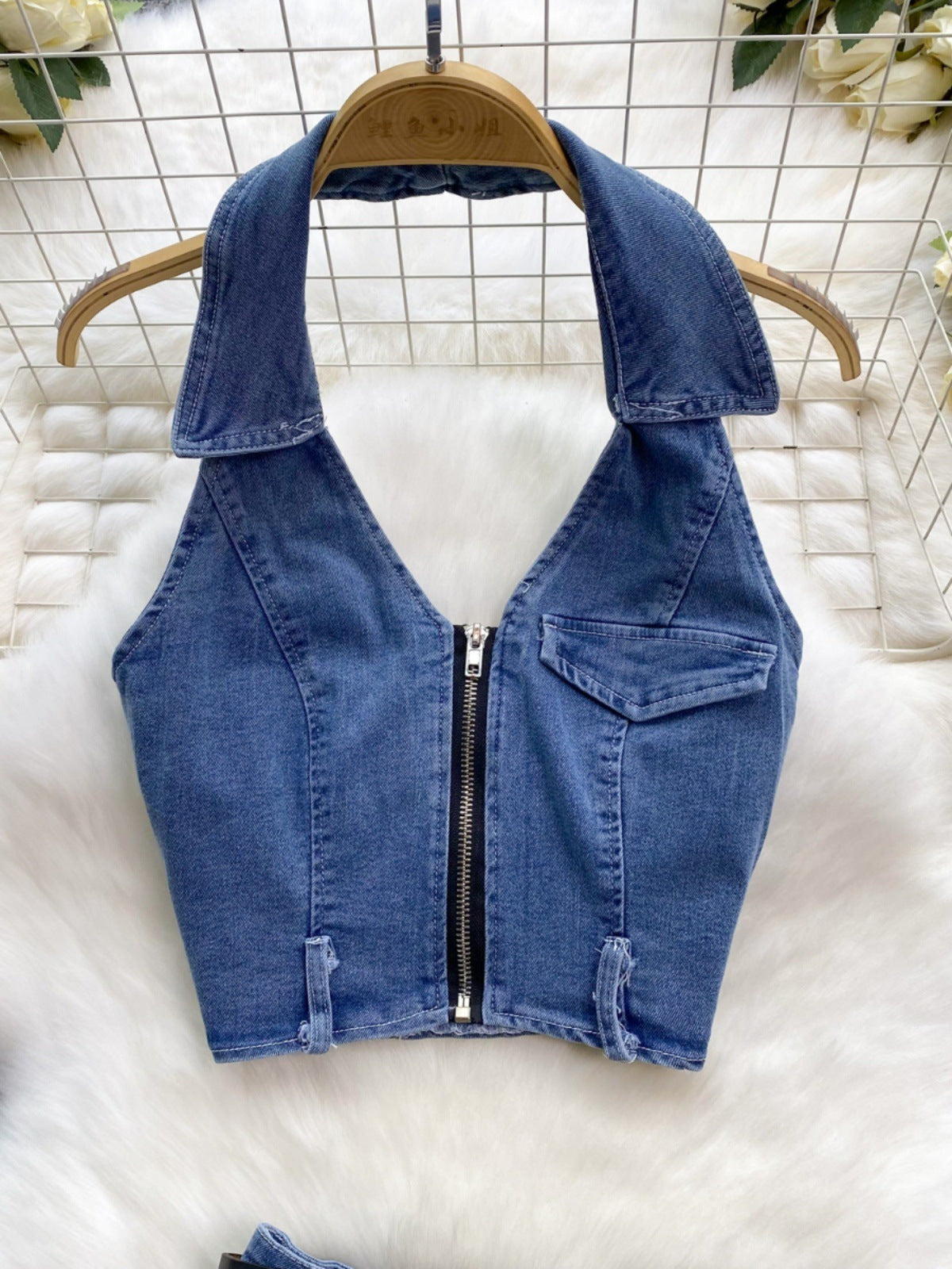 Women's Retro Slim Short Sleeveless Halter Denim Vest Two-piece Set nyaabs.com