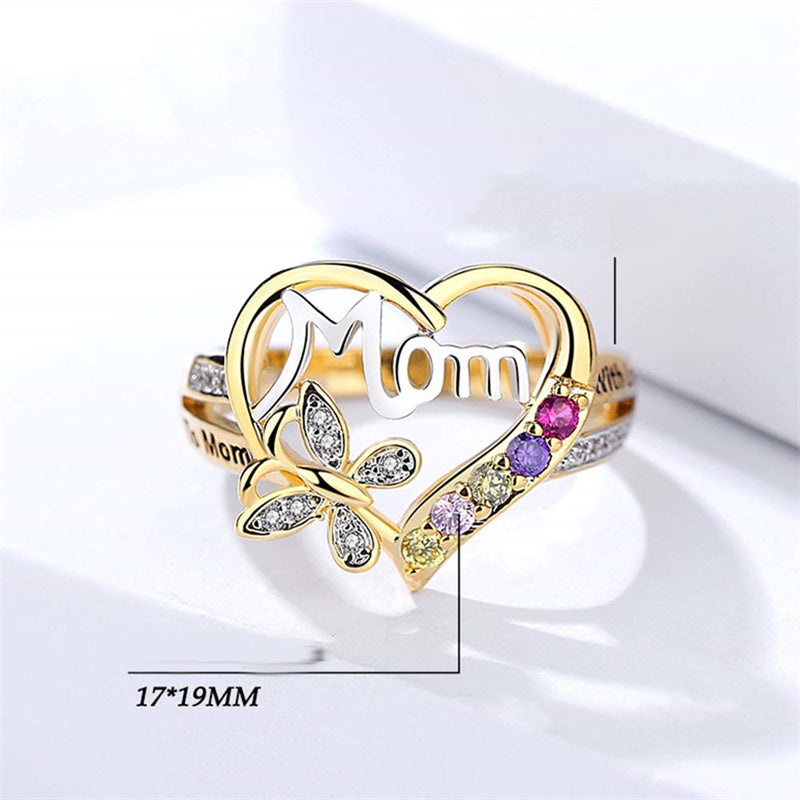 Mother's Day Gift Hollow Heart English Letter Love Mom Rhinestone Butterfly Finger Ring Jewelry Gift - Nyaabs