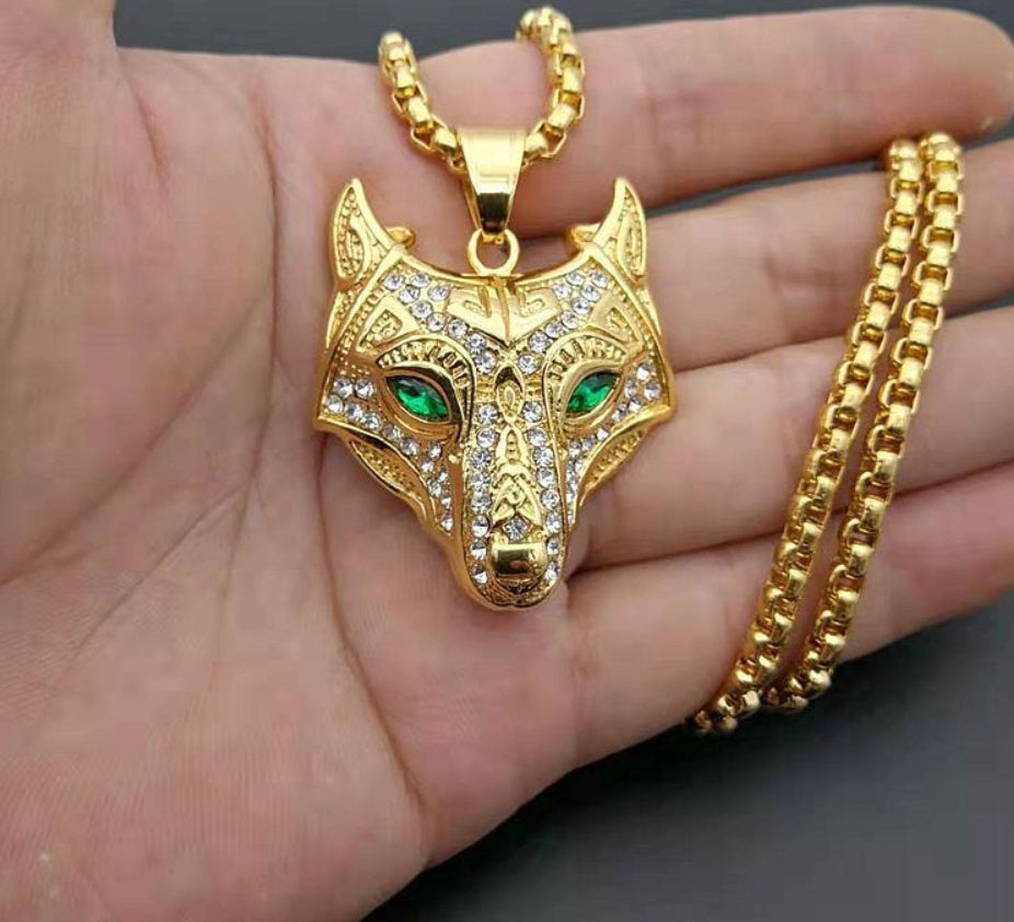 Men Stainless Steel Necklace Gold Color Viking Wolf Head Necklace Pendant With Chain Iced Out Norse Talisman Ethnic Jewelry - Nyaabs