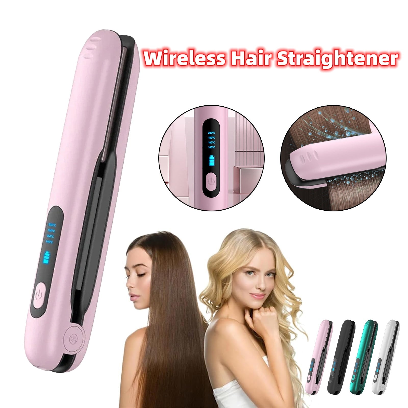 Wireless Hair Straightener Flat Iron Mini 2 IN 1 Roller USB 5000mAh Max 200 Degree Portable Cordless Curler 4 Levels Dry And Wet Uses - Nyaabs