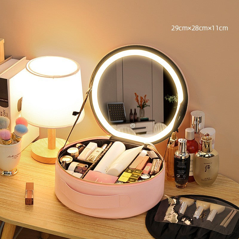 Round Smart LED Makeup Bag With Mirror Lights Women Beauty Bag Large Capacity PU Leather Travel Organizers Cosmetic Case - Nyaabs