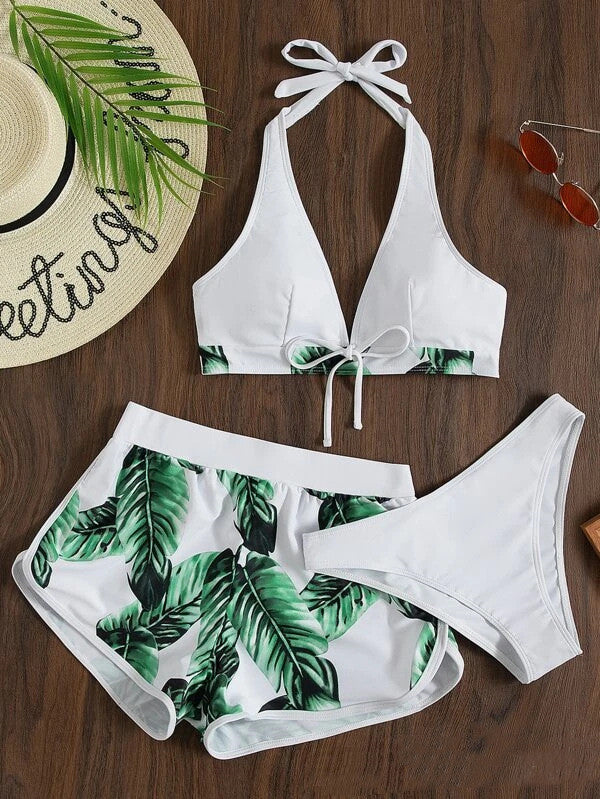 3pcs Leaf Print Bikini With Shorts Fashion Summer Beach Swimsuit Womens Clothing - Nyaabs