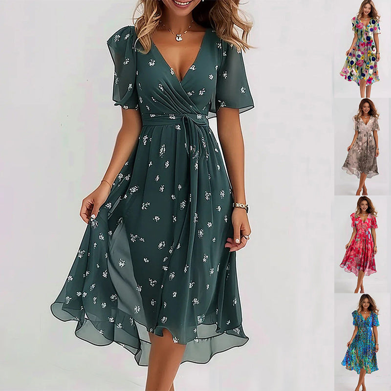 Chiffon Printed Short Sleeve Dress Summer Elegant V-neck Dresses Womens Clothing - Nyaabs