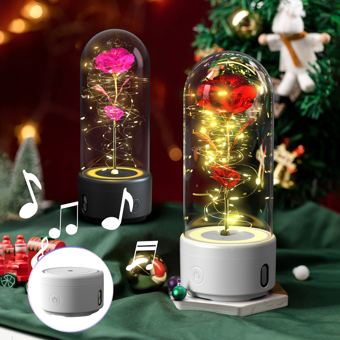 Creative 2 In 1 Rose Flowers LED Light And Bluetooth Speaker Valentine's Day Gift Rose Luminous Night Light Ornament In Glass Cover - Nyaabs