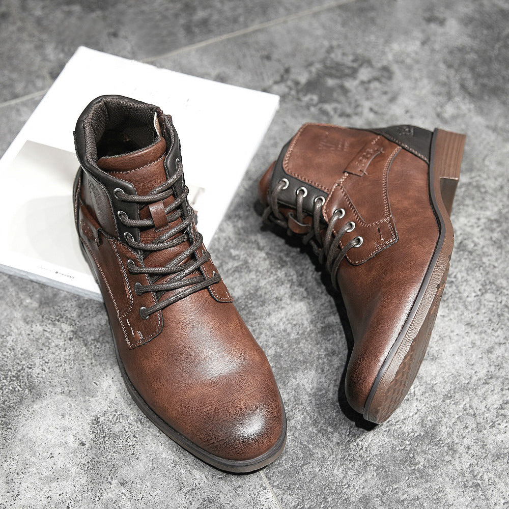 Soldier Boots Men's Leather Shoes Martin Retro High-Top Shoes With Laces - Nyaabs