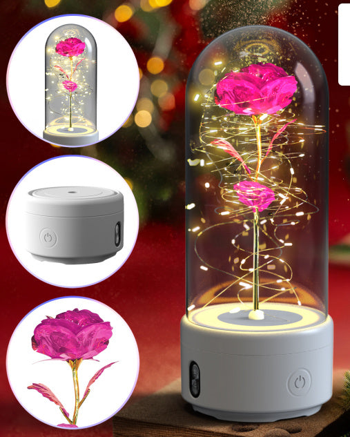 Creative 2 In 1 Rose Flowers LED Light And Bluetooth Speaker Valentine's Day Gift Rose Luminous Night Light Ornament In Glass Cover - Nyaabs