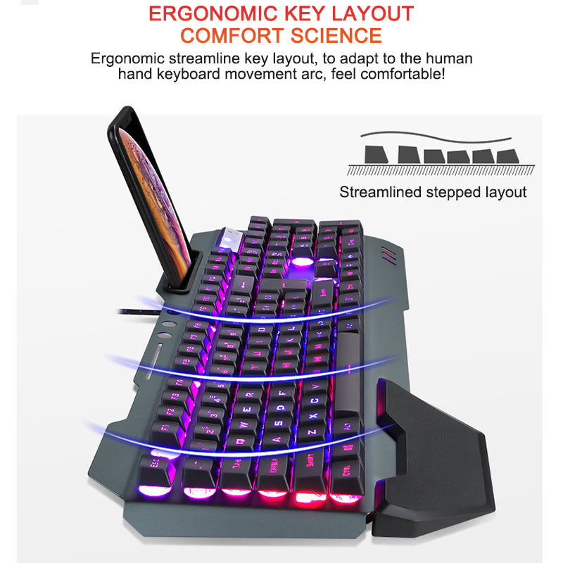 ErgonomicWired Gaming Keyboard with RGB Backlight Phone Holder - Nyaabs