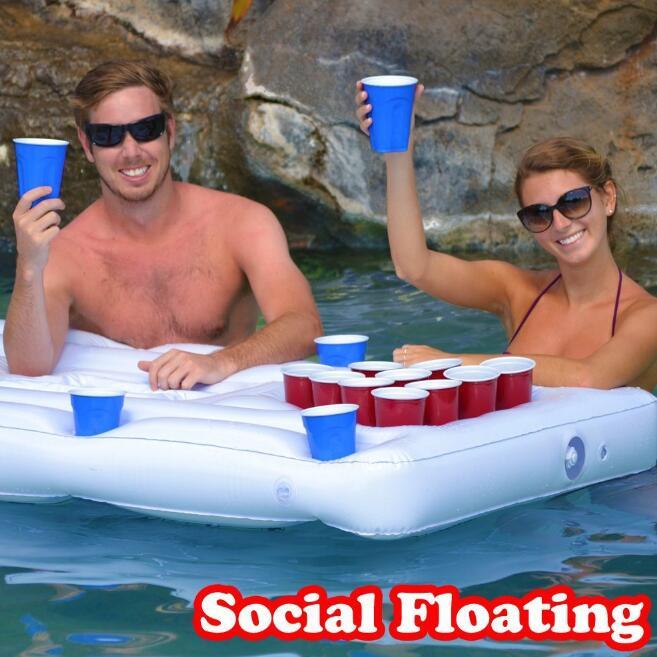 Water Party  Air Mattress Ice Bucket Cooler Cup Holder Inflatable Beer Pong Table Pool Float - Nyaabs