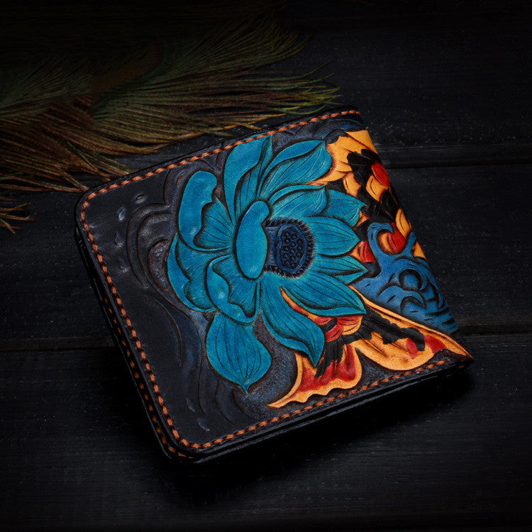 Vintage Pure Handmade Leather Lucky Carp Short Wallet - Nyaabs