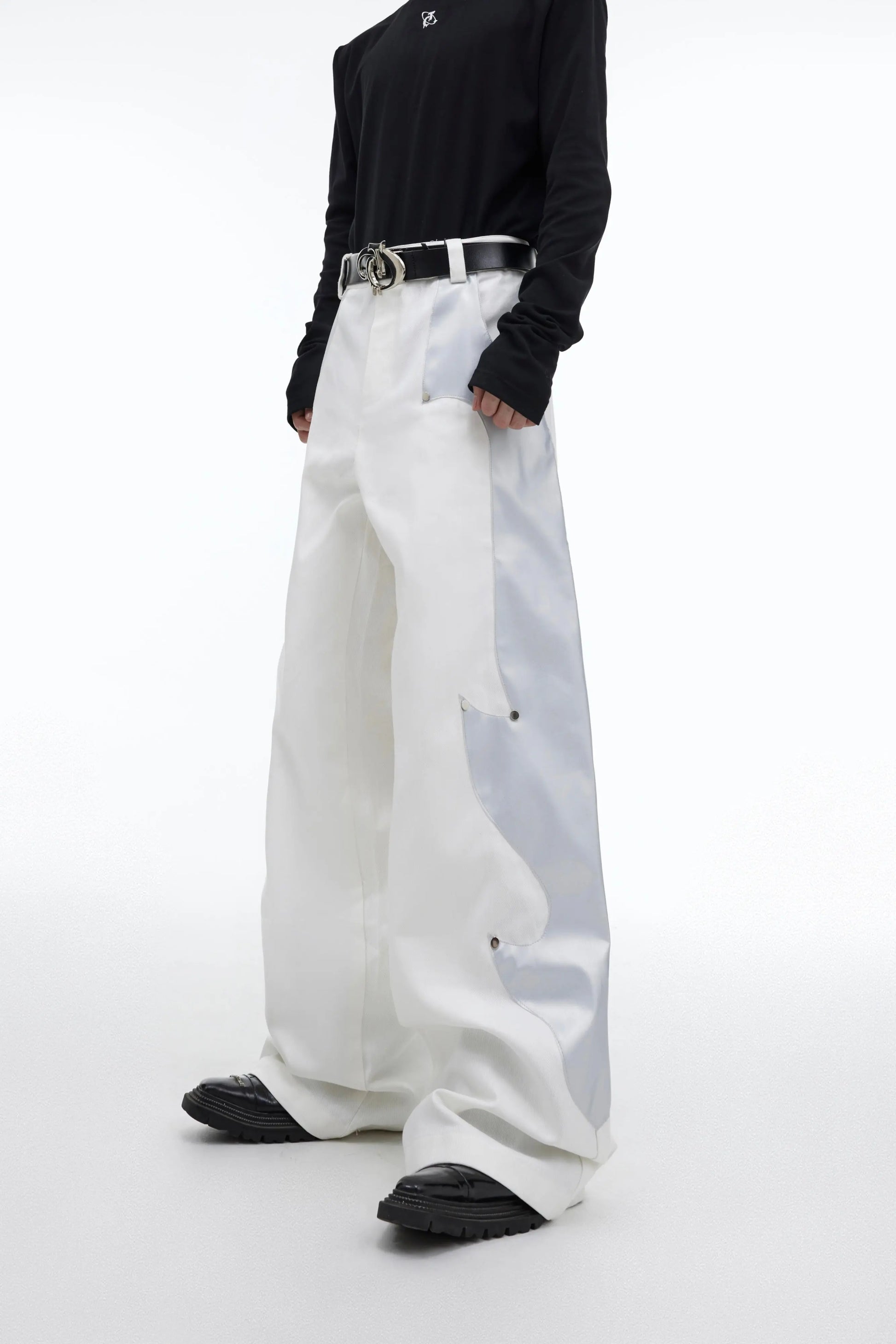 Niche Structured Leather Patchwork Flame Rivet Trousers - Nyaabs