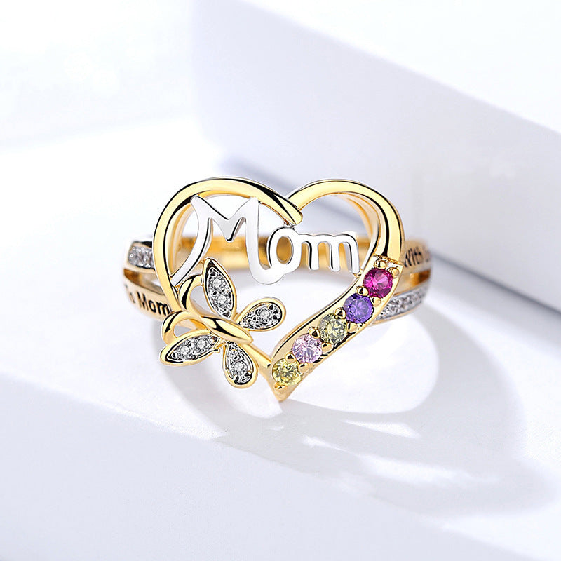 Mother's Day Gift Hollow Heart English Letter Love Mom Rhinestone Butterfly Finger Ring Jewelry Gift - Nyaabs