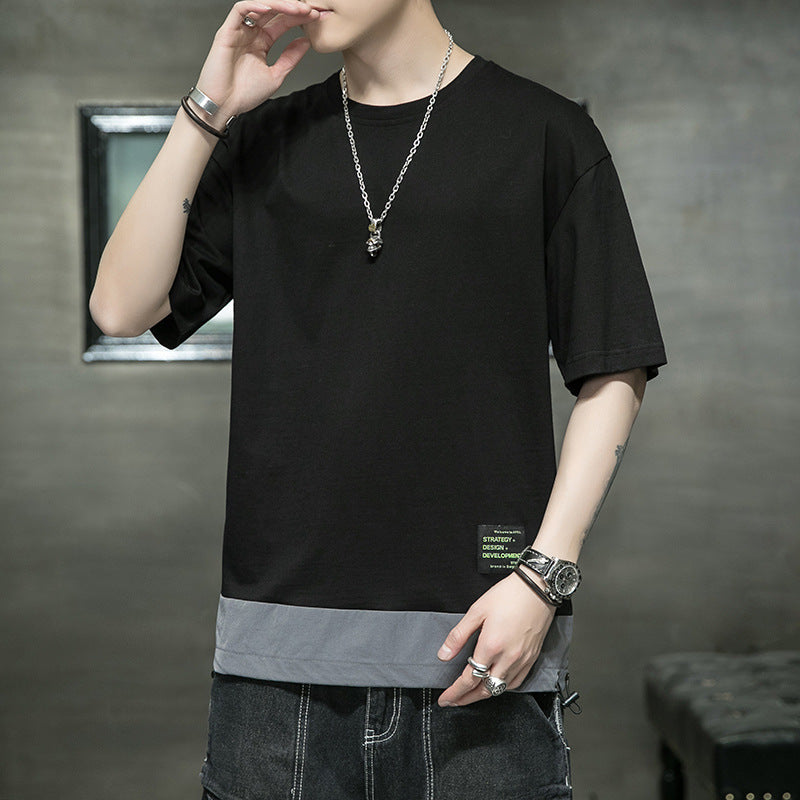 Youth Bottoming Shirt Stitching Round Neck Half Sleeve Cotton T-Shirt - Nyaabs