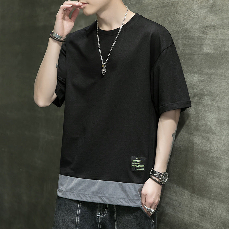 Youth Bottoming Shirt Stitching Round Neck Half Sleeve Cotton T-Shirt - Nyaabs