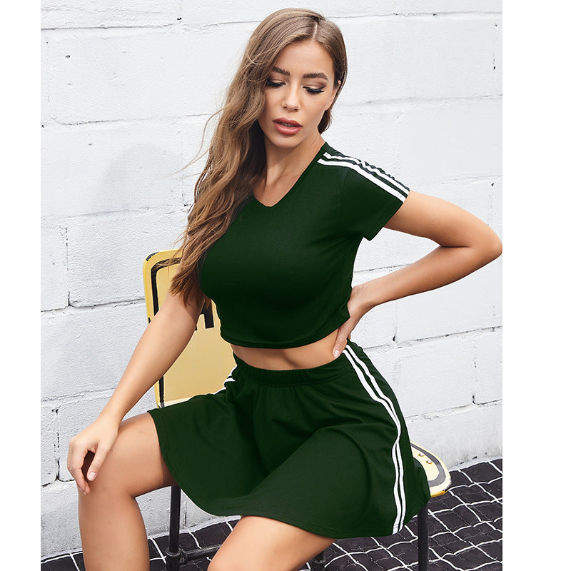 Solid Color Striped Short-Sleeved Top Skirt Sports Suit Outer Wear - Nyaabs