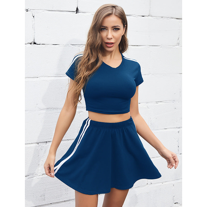 Solid Color Striped Short-Sleeved Top Skirt Sports Suit Outer Wear - Nyaabs