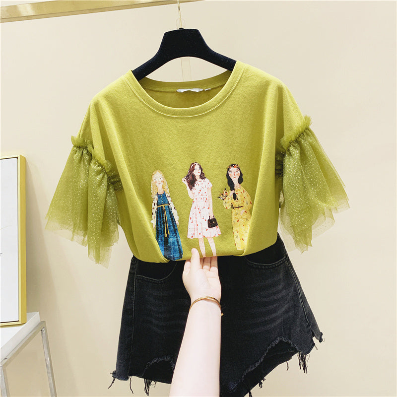 Mesh Stitching Short-Sleeved Printed Cotton T-Shirt - Nyaabs