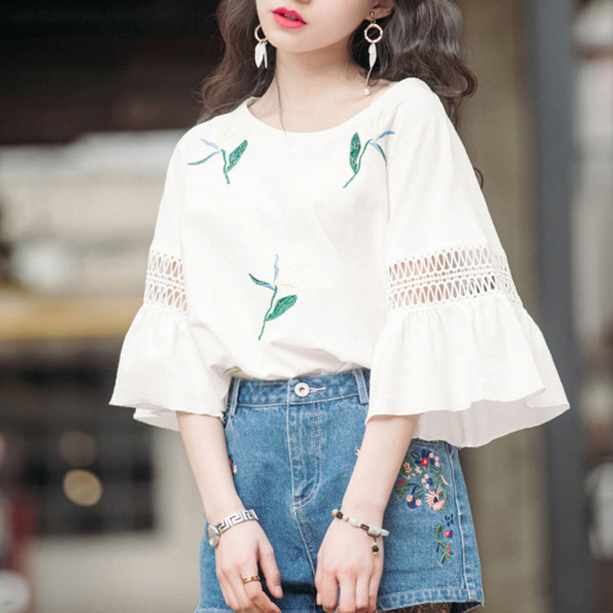 Fashion Half-Sleeved Hollow Lace Flared Sleeve Top Women Loose Short-Sleeved Bottoming T-Shirt - Nyaabs