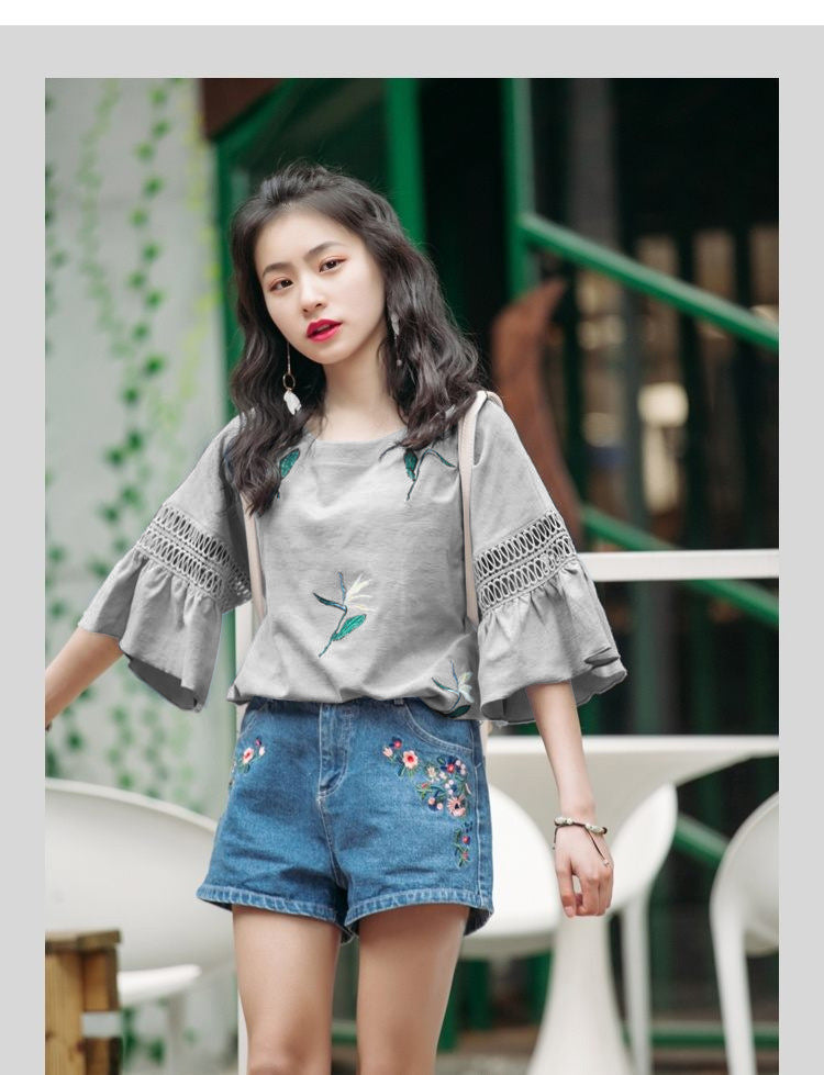 Fashion Half-Sleeved Hollow Lace Flared Sleeve Top Women Loose Short-Sleeved Bottoming T-Shirt - Nyaabs