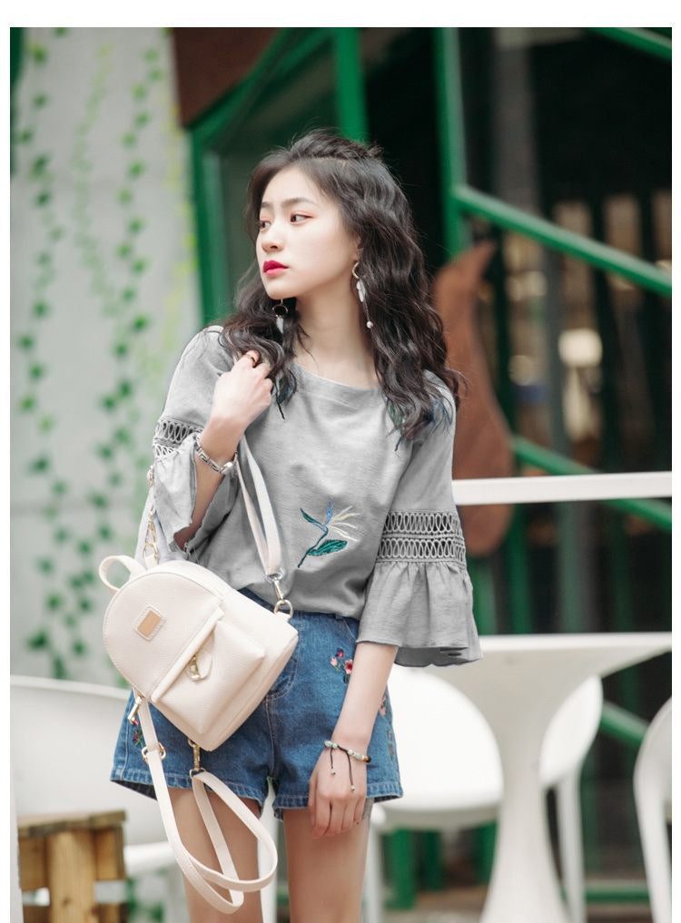 Fashion Half-Sleeved Hollow Lace Flared Sleeve Top Women Loose Short-Sleeved Bottoming T-Shirt - Nyaabs