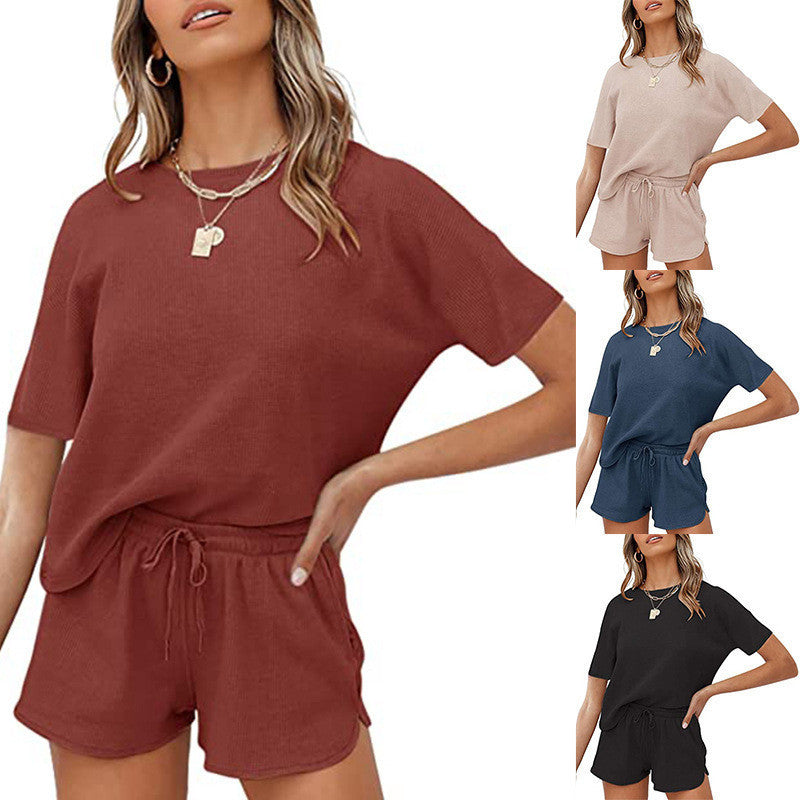 Short-sleeved Two-piece Threaded Sports Round Neck Casual Home Wear - Nyaabs