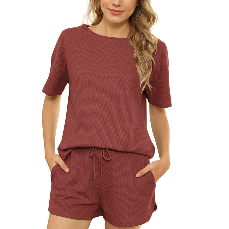 Short-sleeved Two-piece Threaded Sports Round Neck Casual Home Wear - Nyaabs