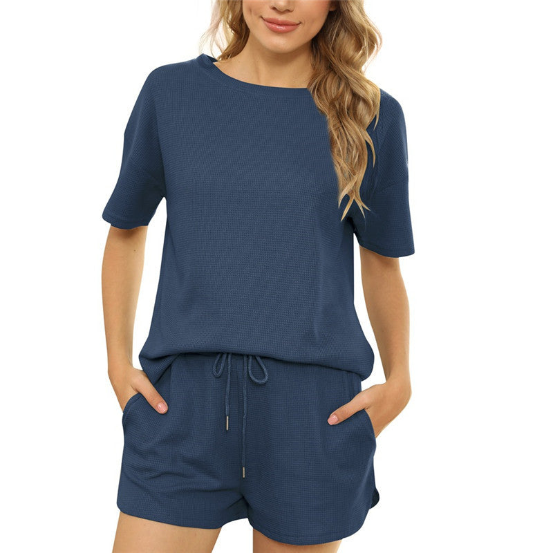 Short-sleeved Two-piece Threaded Sports Round Neck Casual Home Wear - Nyaabs