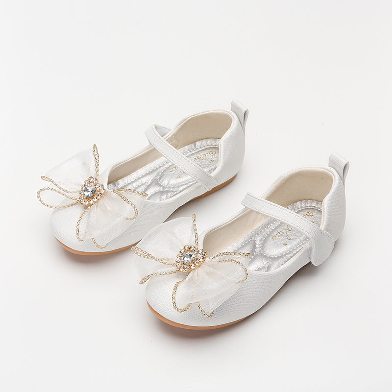 Spring New Girls' Single Shoes Cute Bow Rhinestone Soft Sole Flat Shoes - Nyaabs