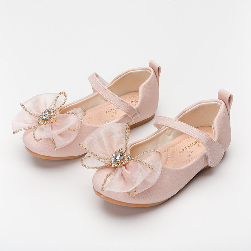 Spring New Girls' Single Shoes Cute Bow Rhinestone Soft Sole Flat Shoes - Nyaabs