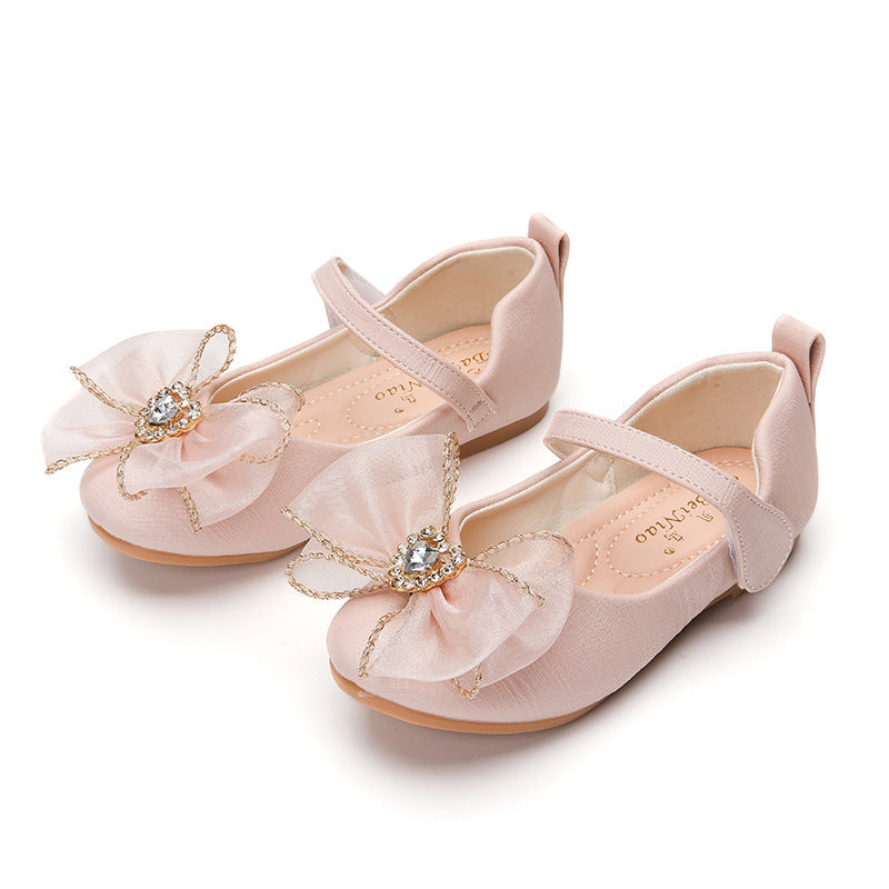 Spring New Girls' Single Shoes Cute Bow Rhinestone Soft Sole Flat Shoes - Nyaabs