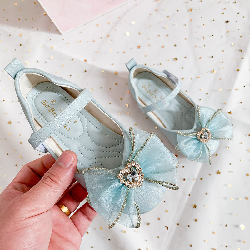 Spring New Girls' Single Shoes Cute Bow Rhinestone Soft Sole Flat Shoes - Nyaabs