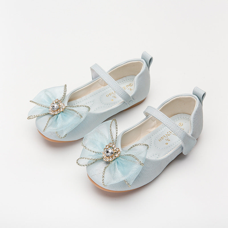 Spring New Girls' Single Shoes Cute Bow Rhinestone Soft Sole Flat Shoes - Nyaabs