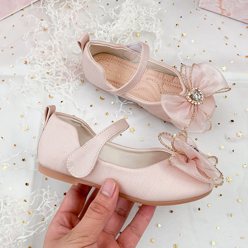 Spring New Girls' Single Shoes Cute Bow Rhinestone Soft Sole Flat Shoes - Nyaabs