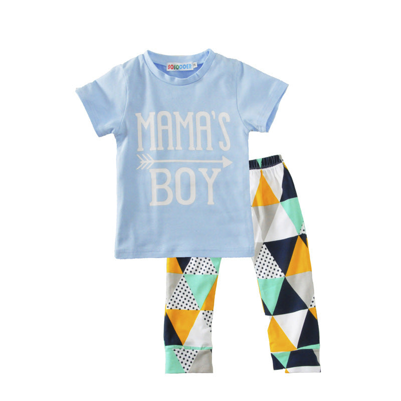 Children's Clothing Boy Suit Short-Sleeved T-Shirt Blue Letter Arrow Geometric Pants Baby Two-Piece Suit - Nyaabs