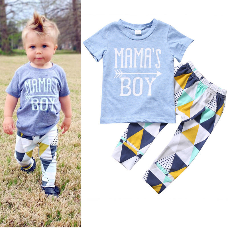 Children's Clothing Boy Suit Short-Sleeved T-Shirt Blue Letter Arrow Geometric Pants Baby Two-Piece Suit - Nyaabs