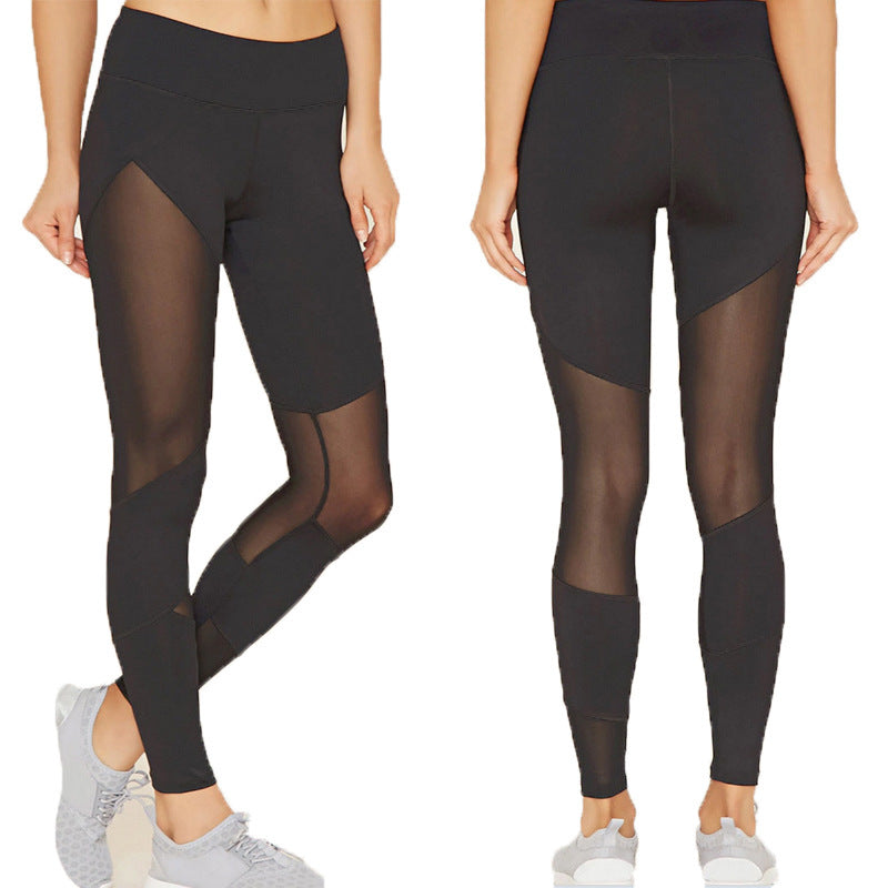 Black New Fashion Mesh Spliced Leggings Sports Women Long Legs Stretch Pants Fitness Yoga Pants Women nyaabs.com