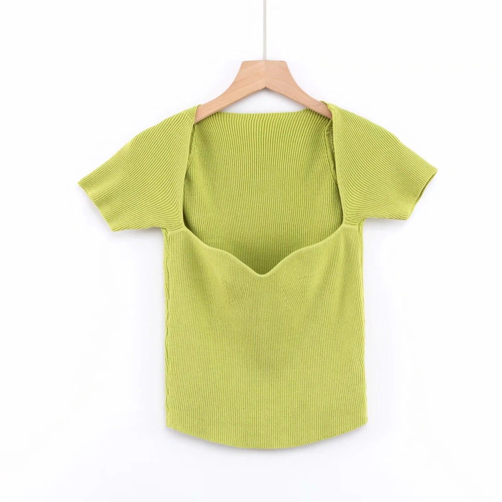 Summer Slim-fit Retro Square Neck Heavy Industry Shoulder Short-sleeved Knitted T-shirt - Nyaabs