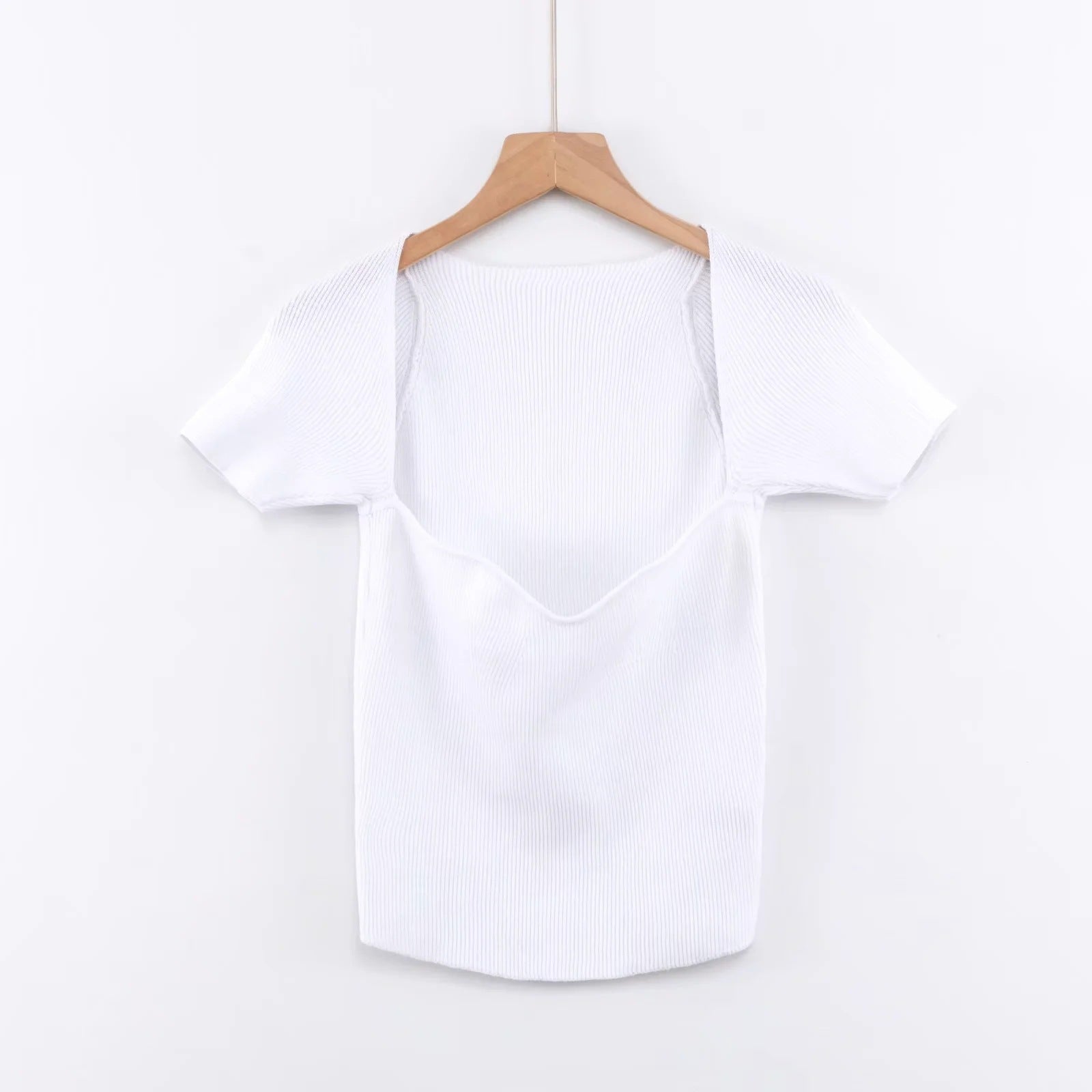 Summer Slim-fit Retro Square Neck Heavy Industry Shoulder Short-sleeved Knitted T-shirt - Nyaabs