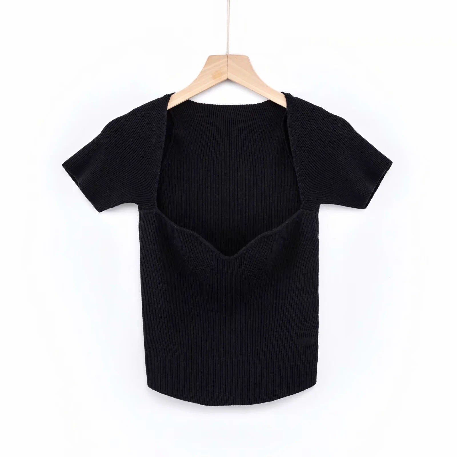 Summer Slim-fit Retro Square Neck Heavy Industry Shoulder Short-sleeved Knitted T-shirt - Nyaabs