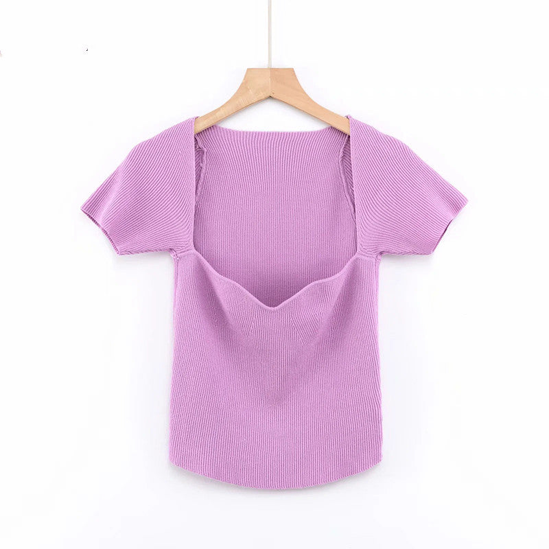 Summer Slim-fit Retro Square Neck Heavy Industry Shoulder Short-sleeved Knitted T-shirt - Nyaabs