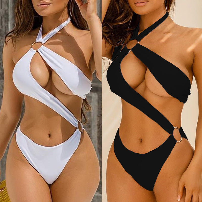 New Sexy One-piece Three-color Hollow Metal Ring Strap Bikini Swimsuit - Nyaabs