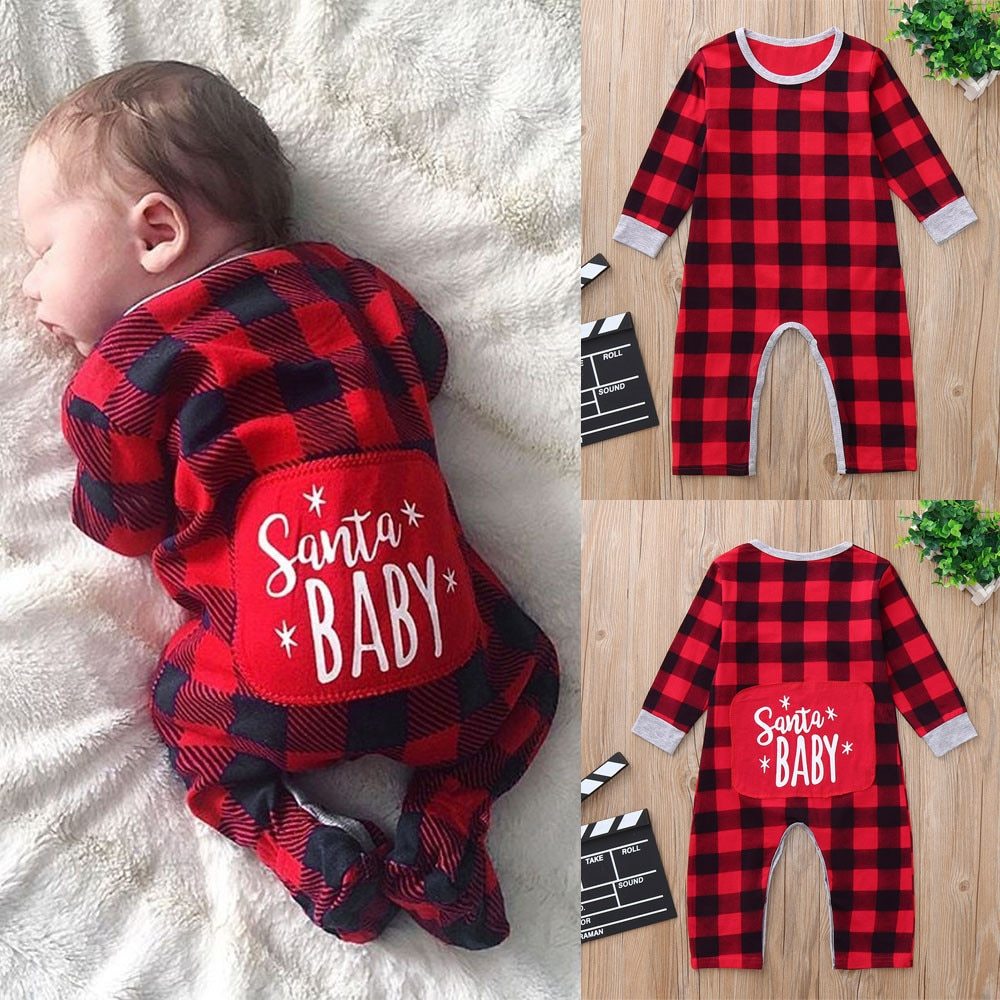 Infant Baby Boys Girls Christmas Santa XMAS Letter Plaid Romper Jumpsuit Outfits baby clothes winter clothe - Nyaabs