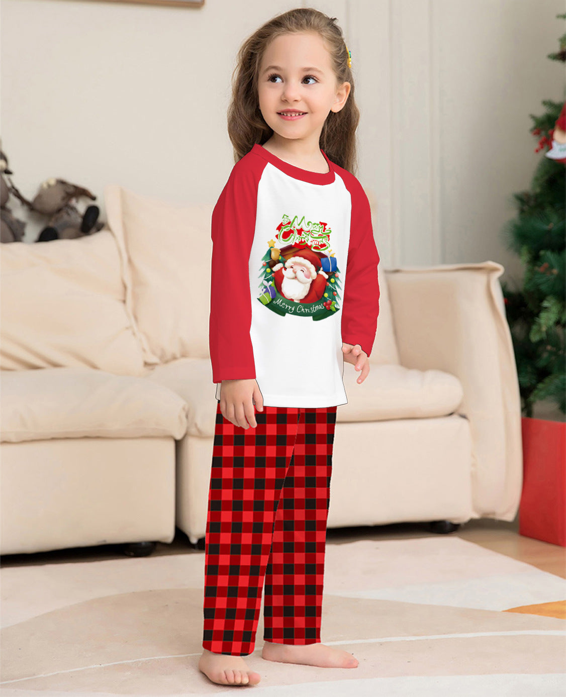 Christmas Parent-Child Clothes Set Long Sleeve T-Shirt Plaid Pants Family Matching Pajamas - Nyaabs