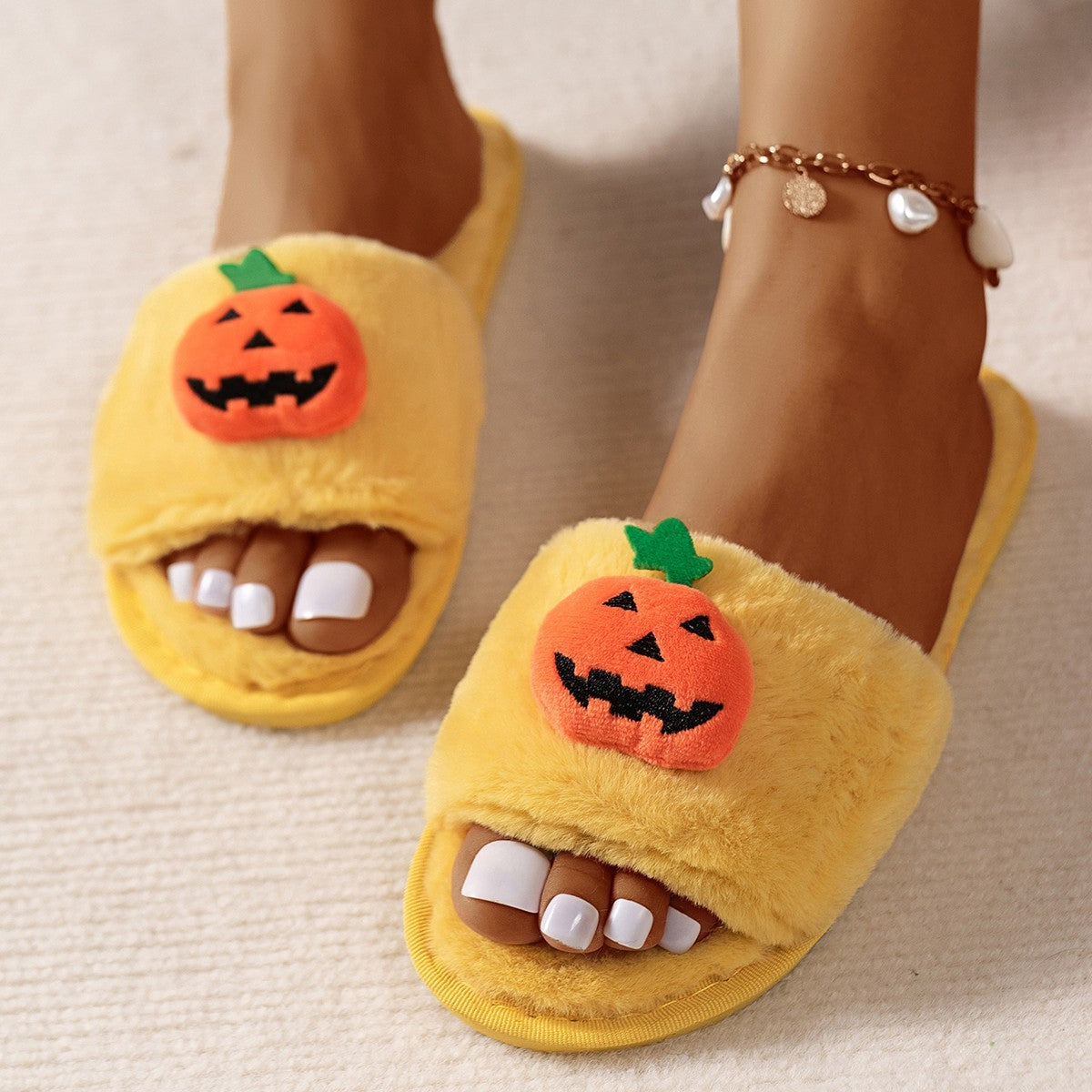 Halloween Cute Pumpkin Plush Slippers Home Indoor Open Toe Shoes Winter Warm Bedroom Slippers For Women - Nyaabs