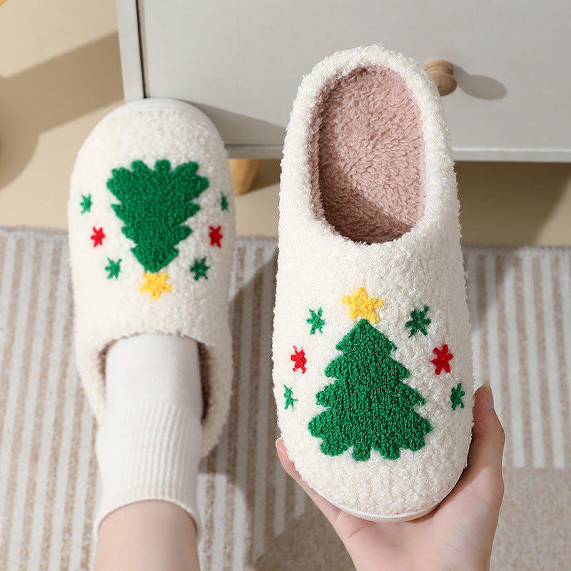 Christmas Home Slippers Cute Cartoon Santa Claus Cotton Slippers For Women And Men Couples Winter Warm Furry Shoes - Nyaabs