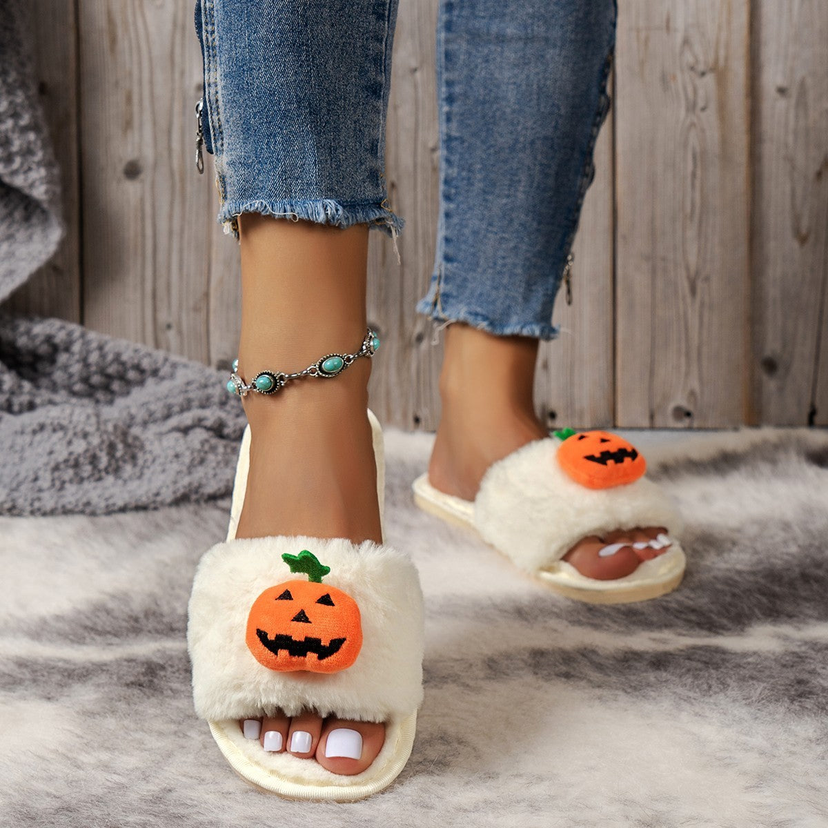 Halloween Cute Pumpkin Plush Slippers Home Indoor Open Toe Shoes Winter Warm Bedroom Slippers For Women - Nyaabs