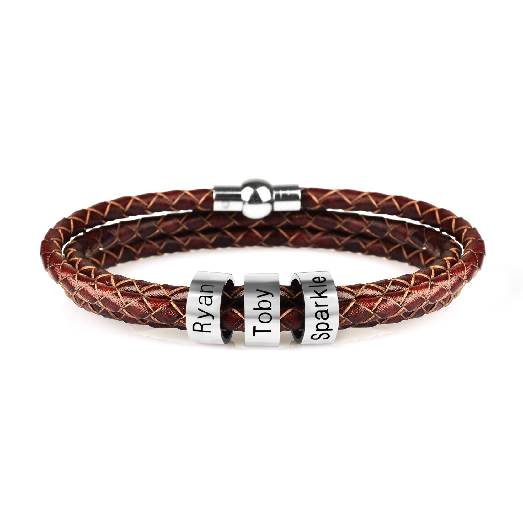 Personalized Mens Braided Genuine Leather Bracelet Stainless Steel Custom Beads Name Charm Bracelet For Men With Family Names - Nyaabs